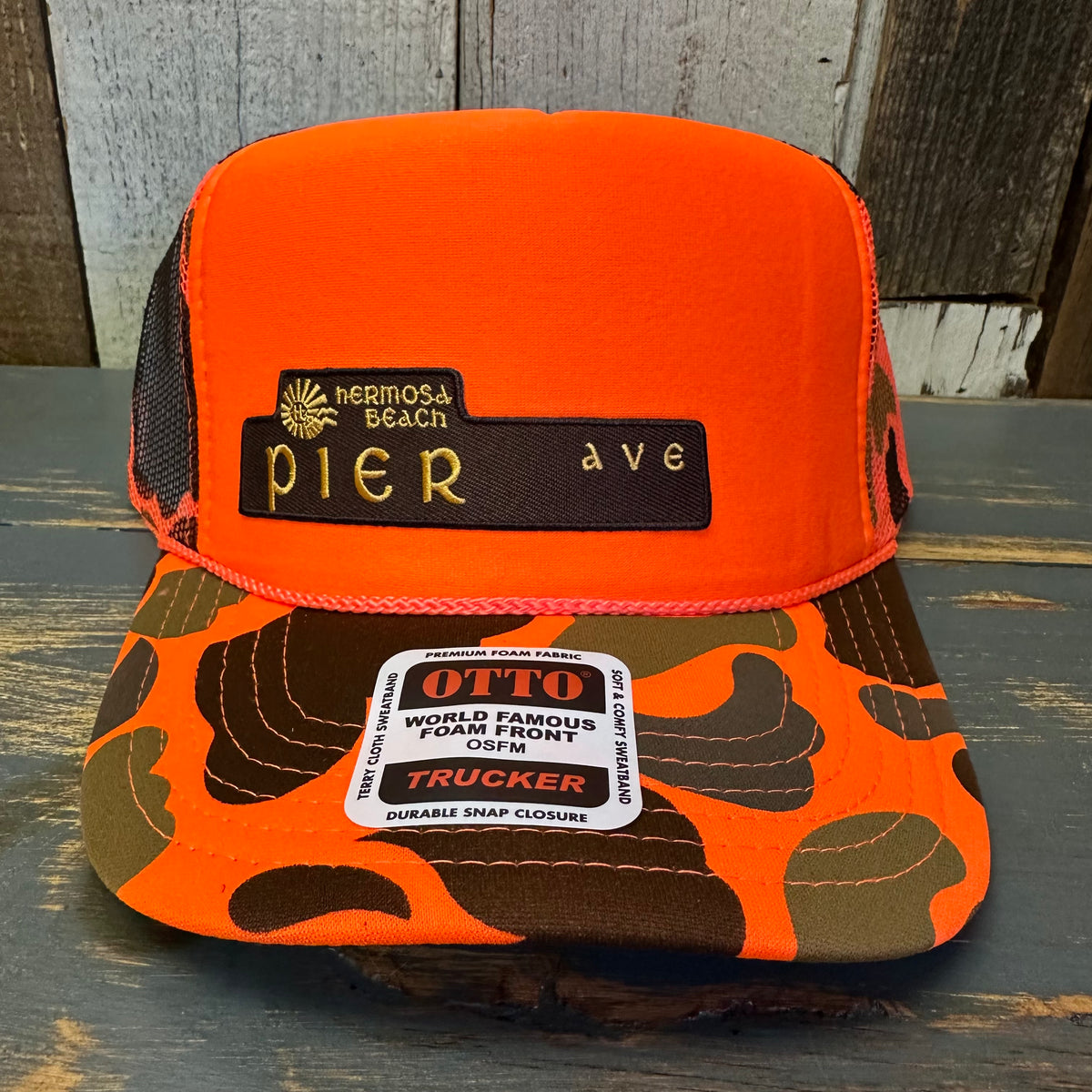 Hermosa Beach PIER AVE High Crown Trucker Hat - Neon Orange 