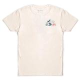 Cream cotton unisex t-shirt with small surfer graphic and vintage surf vibe, suitable for casual everyday wear.