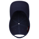 Navy blue dad hat with 6-panel construction and adjustable strap, designed for casual wear.