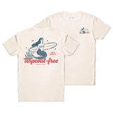 Unisex off-white surf T-shirt featuring a mermaid graphic and wipeout-free text, made for casual beach use.