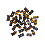 Black dominoes with orange dots scattered on a white background
