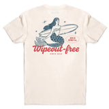 Cream cotton surf tee with vintage mermaid, surfboard, and Since 2010 print; casual wear.