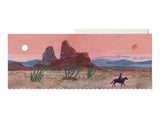 Cowboy on horseback at sunset with blue script on Italian paper birthday card. Suitable for birthday greetings.