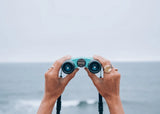 Hands holding black waterproof binoculars, made of durable material, suitable for viewing coastal landscapes on cloudy days.