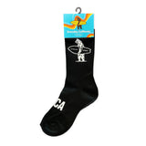 Black athletic socks with white surfer and CA text, one size fits most; suitable for everyday wear.