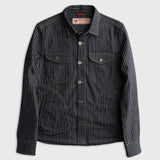 Dark wash striped shirt with button closures and chest pockets, made from lightweight material for casual wear.