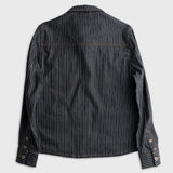 Mens dark wash denim shirt with subtle pinstripes and tan stitching, shown from the back.