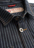 Dark wash pinstripe cotton shirt with front buttons and visible label, suitable for casual or workwear.