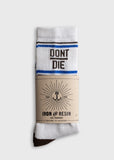 White cotton socks with blue stripes, DON’T DIE lettering, and branded packaging; suitable for daily wear.