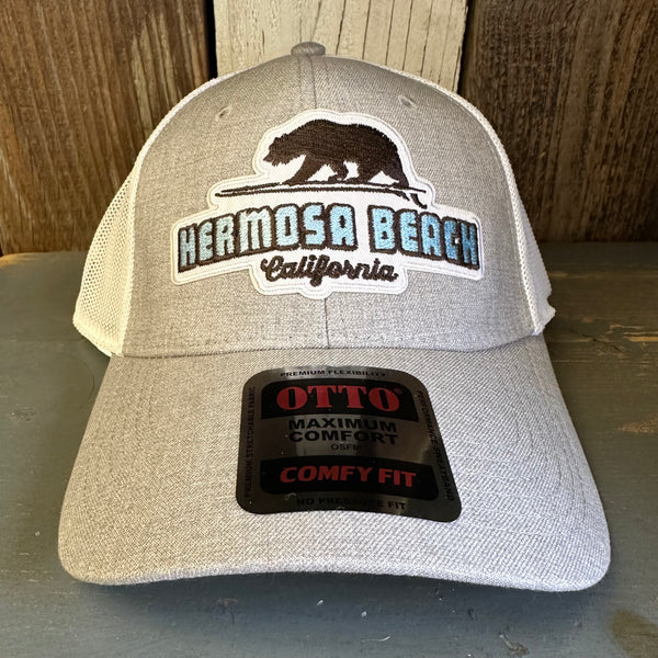 Hermosa Beach SURFING GRIZZLY BEAR "OTTO COMFY FIT" 6 Panel Low Profile Mesh Baseball Cap - Heather Grey/White
