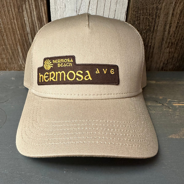 Hermosa Beach HERMOSA AVE - 5 Panel Mid Profile Mesh Back Trucker Hat - Khaki