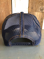 SO FAR...SO BUENO Premium Denim Trucker Hat - Navy/Gold Stitching
