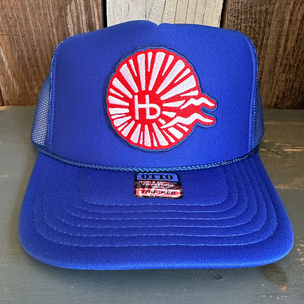 Hermosa Beach CHILL THE 4th OUT! High Crown Trucker Hat - Royal Blue (Curved Brim)