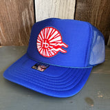 Hermosa Beach CHILL THE 4th OUT! High Crown Trucker Hat - Royal Blue (Curved Brim)