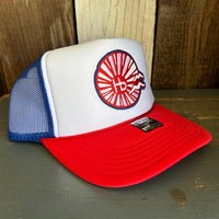 Hermosa Beach CHILL THE 4th OUT! Trucker Hat (Red/White/Royal Blue)