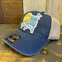 Hermosa Beach LIFEGUARD TOWER Low Profile Trucker Hat - Vintage Wash Navy Blue/Khaki
