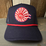 Navy 5-panel trucker hat with red braid, mesh back, and patch; casual design suitable for outdoor summer wear.