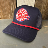 Navy 5-panel trucker hat with mesh back, red braid detail, and embroidered snail design; suitable for casual outdoor wear.