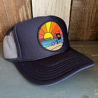 Hermosa Beach OBLIGATORY SUNSET High Crown Trucker Hat - Navy