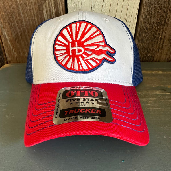 Hermosa Beach CHILL THE 4th OUT! 6 Panel Low Profile Mesh Back Trucker Hat - Blue/White/Red