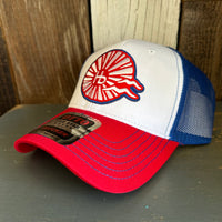 Hermosa Beach CHILL THE 4th OUT! 6 Panel Low Profile Mesh Back Trucker Hat - Blue/White/Red