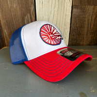 Hermosa Beach CHILL THE 4th OUT! 6 Panel Low Profile Mesh Back Trucker Hat - Blue/White/Red