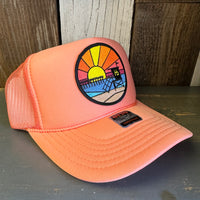 Hermosa Beach OBLIGATORY SUNSET High Crown Trucker Hat - Coral