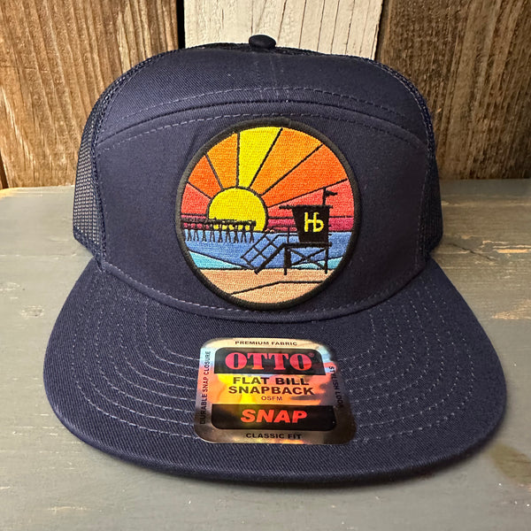 Hermosa Beach OBLIGATORY SUNSET 7 Panel Mid Profile Trucker Snapback Hat - Navy