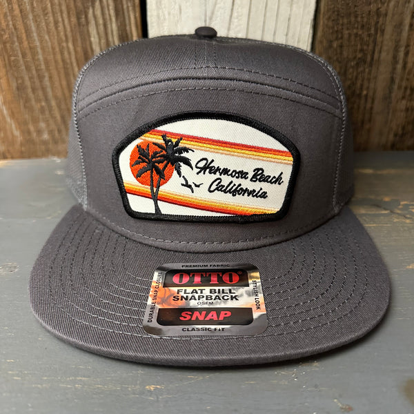 Hermosa Beach RETRO SUNSET 7 Panel Mid Profile Trucker Snapback Hat - Charcoal Grey
