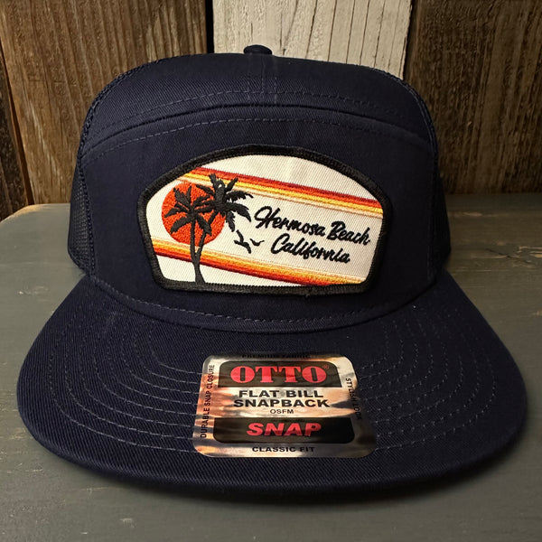 Hermosa Beach RETRO SUNSET 7 Panel Mid Profile Trucker Snapback Hat - Navy