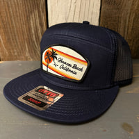 Hermosa Beach RETRO SUNSET 7 Panel Mid Profile Trucker Snapback Hat - Navy
