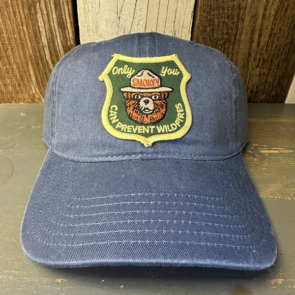 SMOKEY BEAR :: ONLY YOU CAN PREVENT FOREST FIRES - 6 Panel Low Profile Style Dad Hat with Velcro Closure - Faded Navy