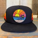Hermosa Beach OBLIGATORY SUNSET Side Stripe Snapback Trucker Hat - Black