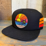 Hermosa Beach OBLIGATORY SUNSET Side Stripe Snapback Trucker Hat - Black