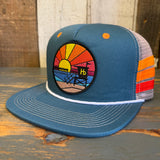 Hermosa Beach OBLIGATORY SUNSET Side Stripe Snapback Trucker Hat - Teal