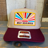 Hermosa Beach MUY HERMOSA 5 Panel Mid Profile Baseball Cap - Maroon/Khaki