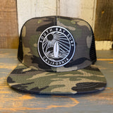 SOUTH BAY SURF CALIFORNIA (Black Patch) Snapback Trucker Hat - Woodland Camo
