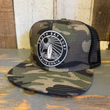 SOUTH BAY SURF CALIFORNIA (Black Patch) Snapback Trucker Hat - Woodland Camo
