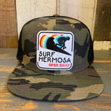 Hermosa Beach SURF HERMOSA :: OPEN DAILY Snapback Trucker Hat - Woodland Camo