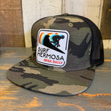 Hermosa Beach SURF HERMOSA :: OPEN DAILY Snapback Trucker Hat - Woodland Camo