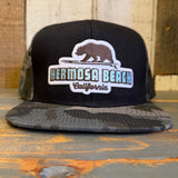 Hermosa Beach SURFING GRIZZLY BEAR Snapback Trucker Hat - Gray Camo/Black