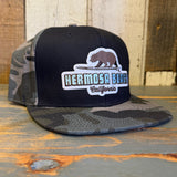 Hermosa Beach SURFING GRIZZLY BEAR Snapback Trucker Hat - Gray Camo/Black