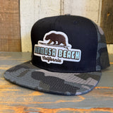 Hermosa Beach SURFING GRIZZLY BEAR Snapback Trucker Hat - Gray Camo/Black