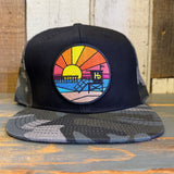 Hermosa Beach RETRO SUNSET Snapback Trucker Hat - Gray Camo/Black