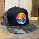 Hermosa Beach RETRO SUNSET Snapback Trucker Hat - Gray Camo/Black