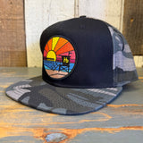 Hermosa Beach RETRO SUNSET Snapback Trucker Hat - Gray Camo/Black
