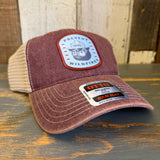 PREVENT WILDFIRES :: SMOKEY BEAR 6 Panel Low Profile Trucker Hat - Maroon/Khaki