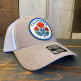 CALIFORNIA POPPY 6 Panel Low Profile Mesh Back Trucker Hat - Khaki/White
