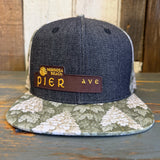 Hermosa Beach PIER AVE Snapback Trucker Hat - Black Denim / Oakleaf Hydrangea