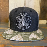 SOUTH BAY SURF CALIFORNIA (Black Patch) Snapback Trucker Hat - Black Denim / Oakleaf Hydrangea